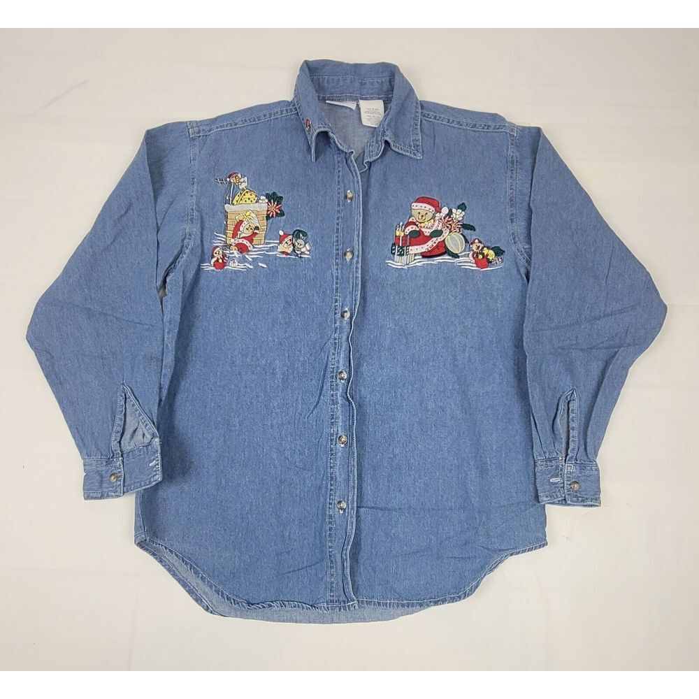 Bobbie Brooks Denim‎ Shirt Womens Small. Vintage Christmas Button Up Longsleeve.